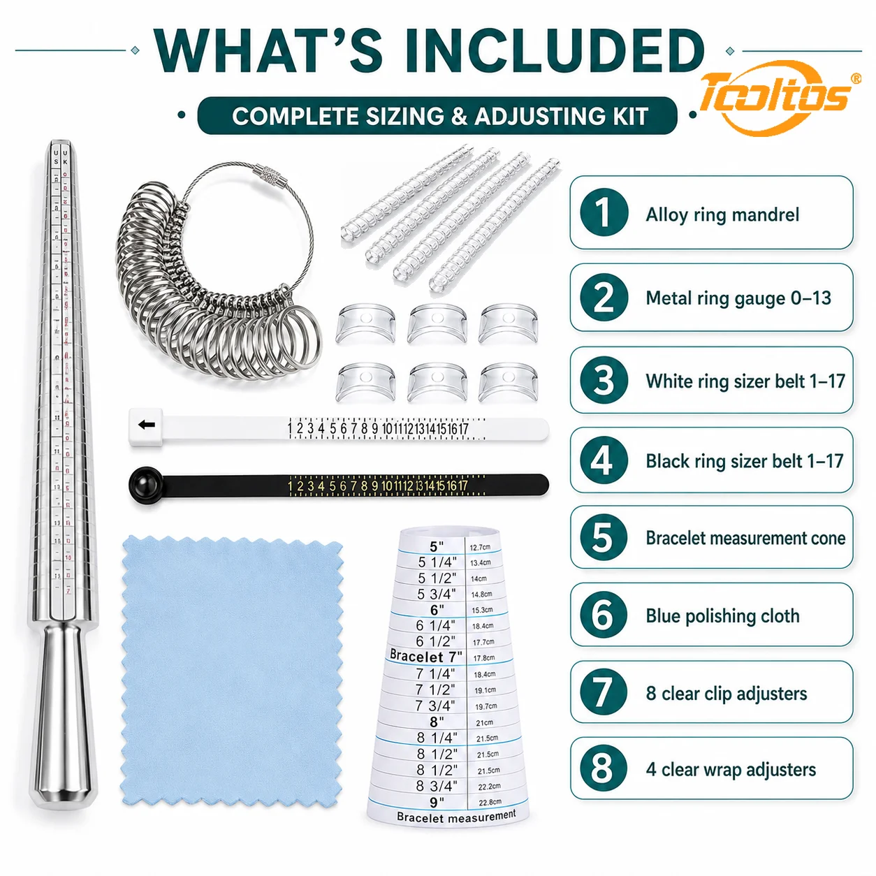TOOLTOS Ring Sizer Measuring Repair Kit US 0-13 Ring Mandrel Gauge Belts Bracelet Ruler 8 Ring Adjusters Polishing Cloth Size Reducers