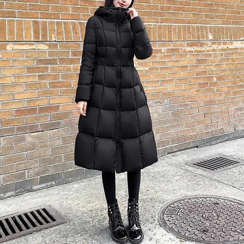 Ropa de mujer nuevo corsé de invierno negro impermeable de algodón mujeres elegante moda gruesa sudaderas con capucha Midi cintura elástica Parkas cuadradas