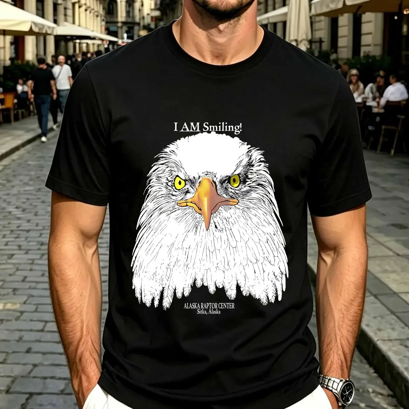 washed T Shirt VTG Bald Eagle Adult Size Large I AM Smiling Black Alaska Raptor vintage Washed homme Top For Everyday Wear