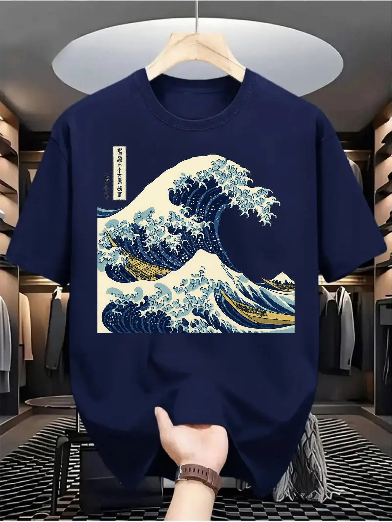 Men's Summer Pure Cotton Casual Loose Kanagawa Surfing Art Print Comfortable Sports Round Neck Short Sleeved T-Shirt Top