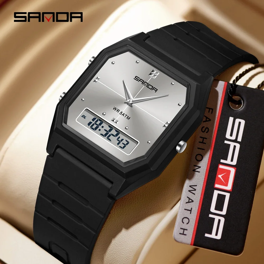 SANDA 6317Dual Display Electronic Watch Men's and Women's 5ATM Waterproof Night Light Running Second Alarm Clock, Sunday Date