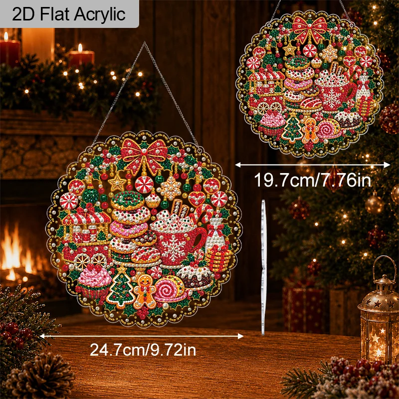 2D Flat Acrylic Christmas Diamond Art Hanging Ornament, Gingerbread & Sweet Treats Wreath Design, DIY Mixed-Size Bead Art