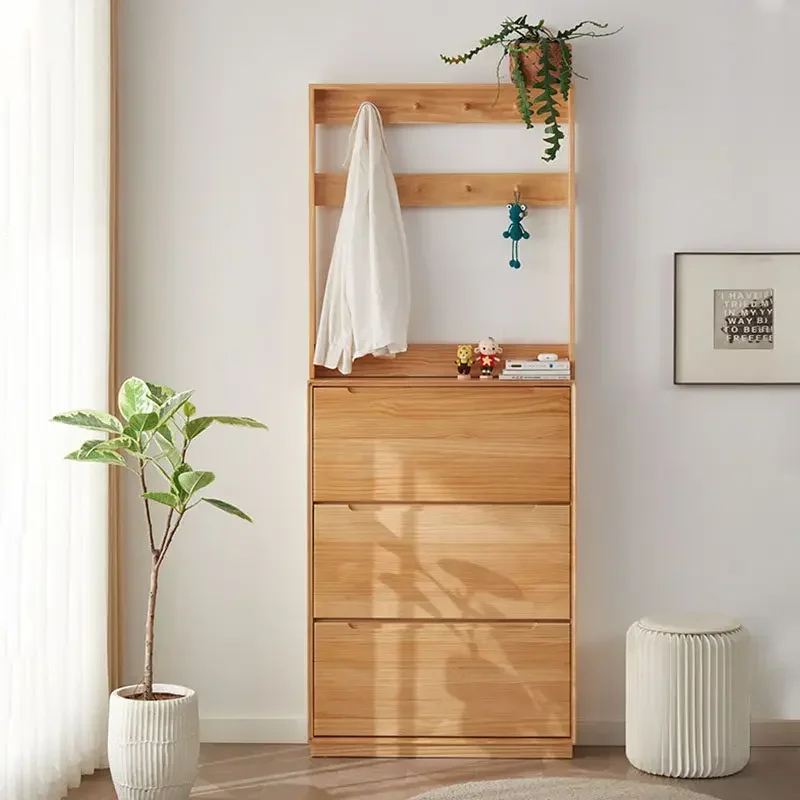 Solid Wood Ultra-thin Tipping Bucket Log Nordic Home Door Large-capacity Shoe CabinetX14