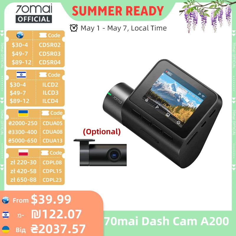 70mai Dash Cam A200 2 ''pantalla LCD 70mai A200 coche DVR1080P grabadora automática 24H soporte de estacionamiento 130 °   Grabación de doble canal FOV