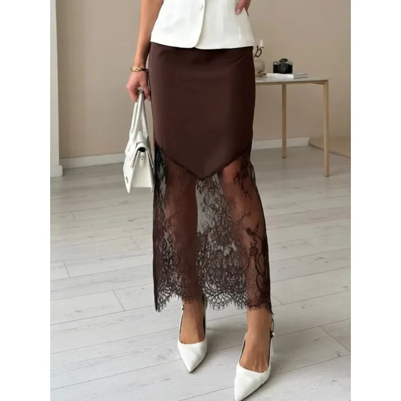 Women Patchwork Lace Skirts  New High Waist Slim Hollow Out Maxi Skirts Autumn Brown Fashion Party Club Boho Skirt