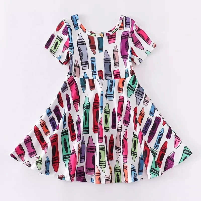 

Back to School Girl Dress Toddler Kindergarten Colourful Crayon A-line Short Sleeve Kids Clothing Pupil Wholesales 2-7T