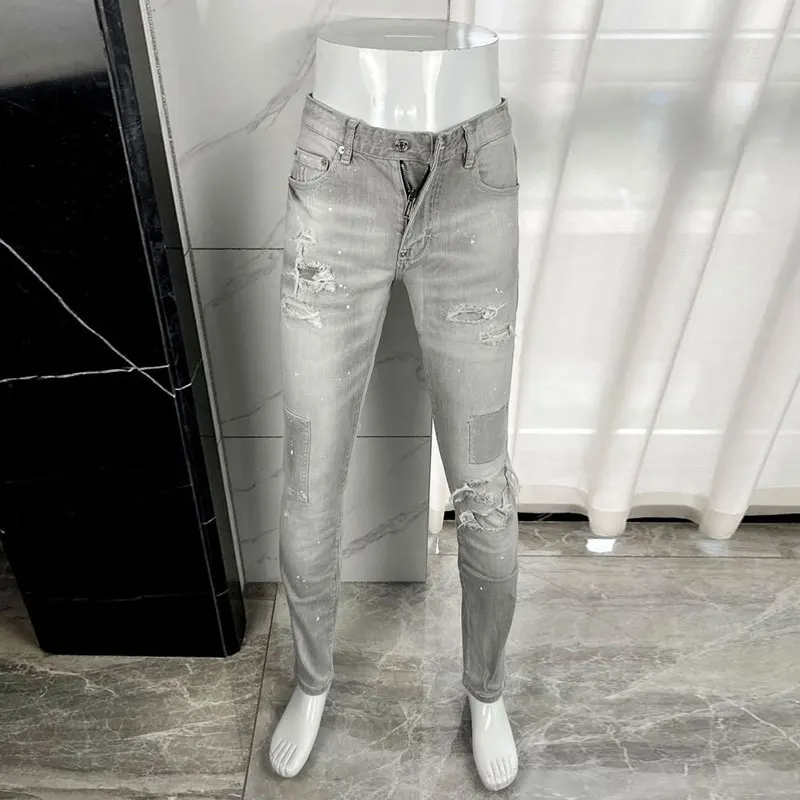 

Street Fashion Men Jeans Retro Gray Stretch Slim Fit Vintage Ripped Jeans Men Patched Designer Hip Hop Brand Denim Pants Hombre