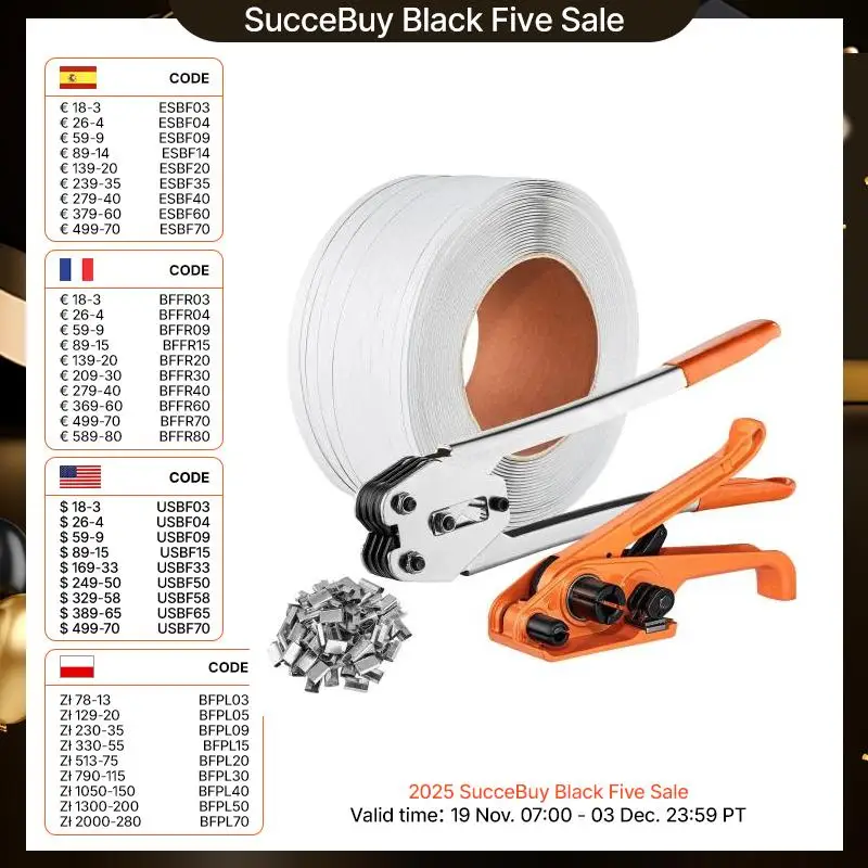 SucceBuy Palettenverpackungs-Umreifungsband-Set mit Spanner, Banding-Versiegelungswerkzeug, 328 Fuß PP-Band, 100 Metalldichtungen zum Verpacken von Gürteln