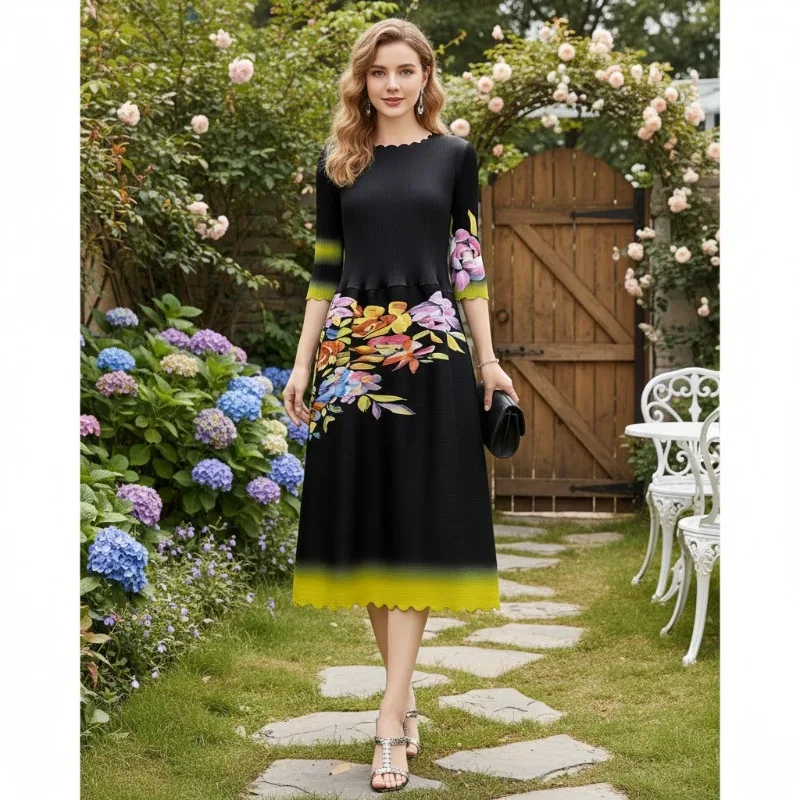 

2026 Spring New Miyake Plisse Print Dresses Loose Plus Size Elegant Evening Dresses Medium-sleeved Round Neck Long Dress Casual