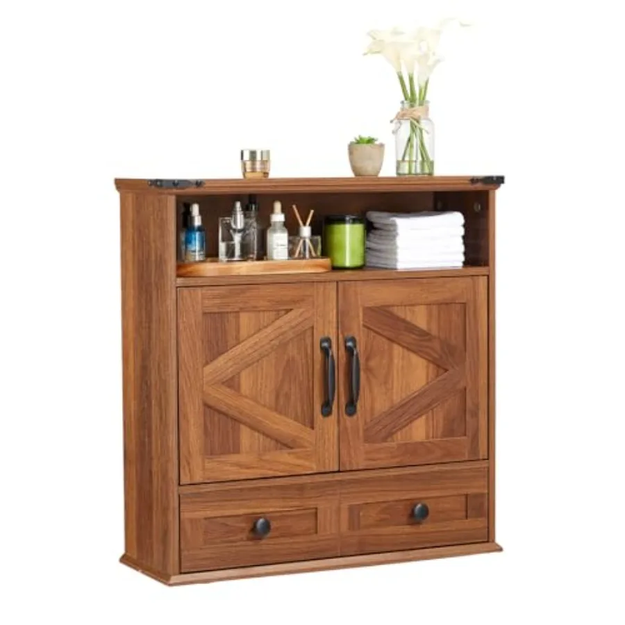 

Wall Mounted Bathroom Cabinet with Barn Doors 25" Wide Medicine Cabinet over Toilet with Adjustable Shelf and Drawer, Hangging