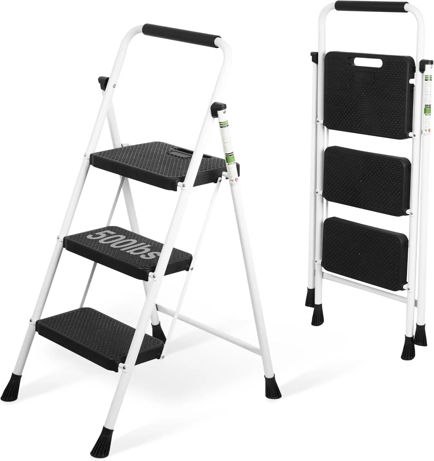

3 Step Ladder Portable Steel Folding Step Stool with Wide Anti-Slip Pedal & Convenient Handgrip, 500lbs Sturdy Steel Ladder Whit