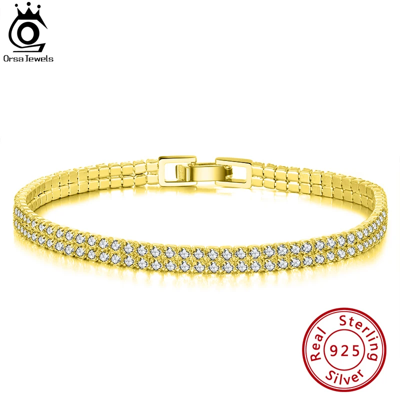 ORSA JEWELS Luxury 14K Gold 4mm Tennis Bracelet for Women 925 Silver 2 Rows AAAA Clear Zircon Bracelet Party Jewelry Gifts SB118