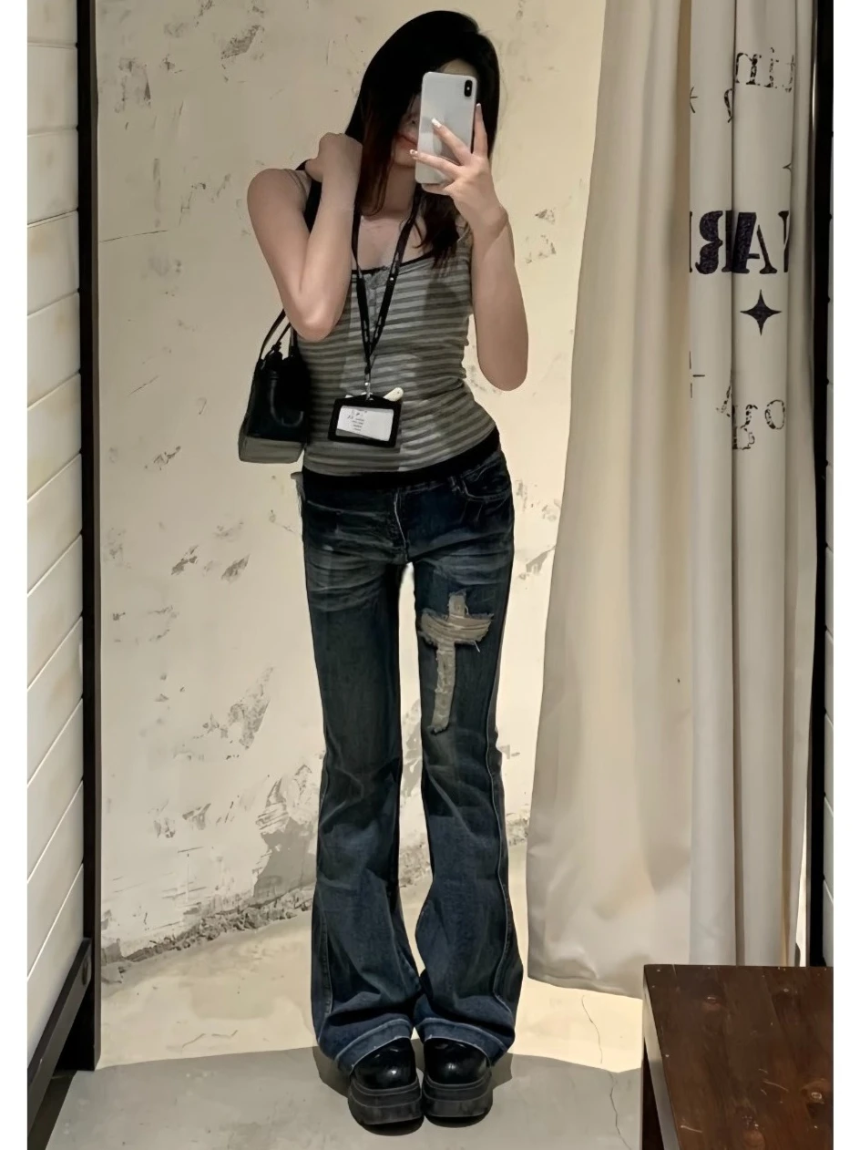 

Spring Y2k Harajuku Slim Zipper Denim Pant High Waist Vintage Hollow Out Hole Pants Streetwear Women's Clothes Fashion Trousers
