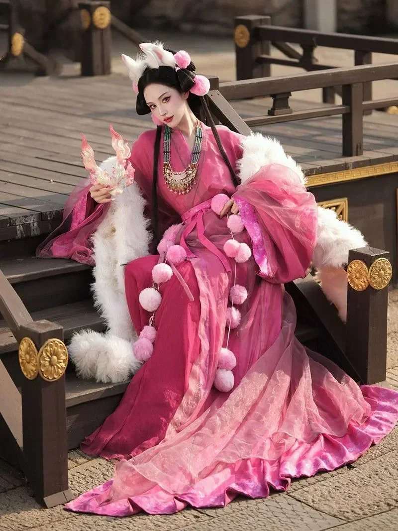 الصينية القديمة Hanfu الإناث 2026 فستان صيفي جديد Hanfu فستان المرأة هالوين الجنية تأثيري حلي أداء زي