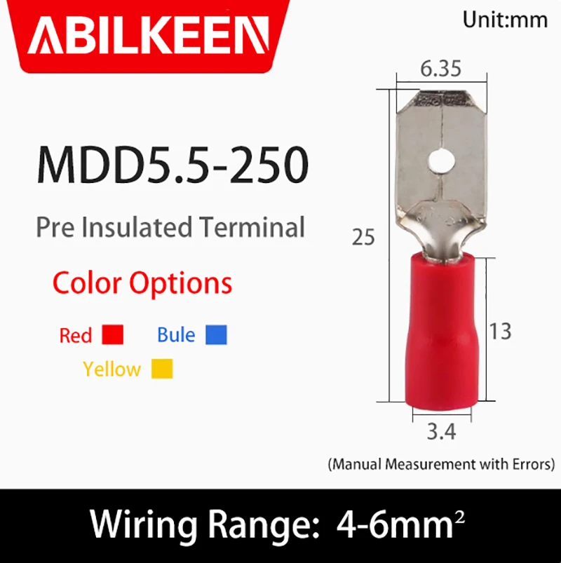 MDD5.5-250 Male Pre Insulated Cold Pressed Terminal Insulated Shovel Wire Connector Electrical Crimping Terminal