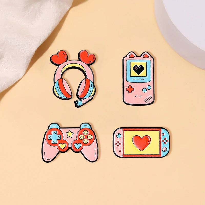 Pink Love Earphones Enamel Pins Creative Cartoon Cat Game Console Handle Brooch Badge Trendy Cute Lapel Jewerly Gift For Friends