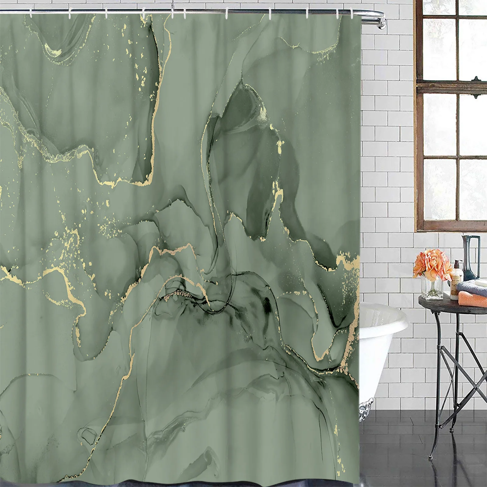 Grass Green Marble Waterproof Bathroom Decoration Shower Curtain With Hook Printed Bathtub Curtains Bathroom Accessories