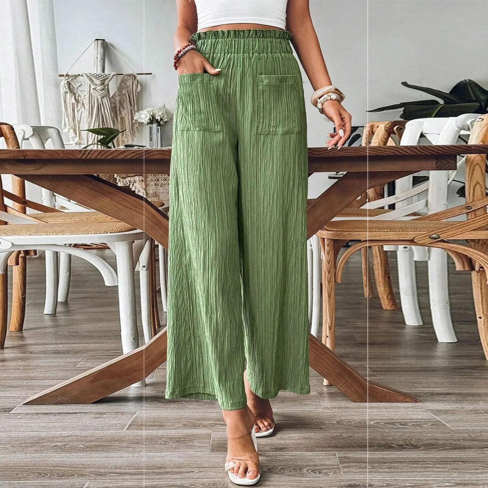 

New Hot Sale Women's Solid Color Comfortable Pants Casual Straight Legging Pants With Imitation Cotton And Linen Pockets