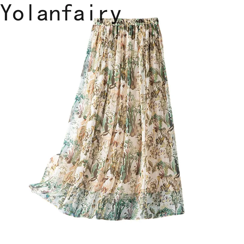 YOLANFAIRY 100% Real Mulberry Silk Skirt for Women Fashion Apricot Printed Skirts Woman High Elastic Waist Skirt Large Swing