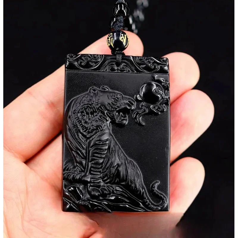 

Natural Black Obsidian Tiger Pendant Chinese zodiac Necklace Fashion Charm Jewellery Carved Pixiu Amulet Gifts for Women Men