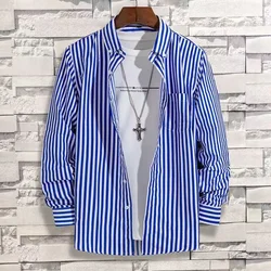 Fashion Non-Iron Men's Striped Shirt with Blue White Casual Business Dress and Slim Fit Korean Print Long-sleeved Shirts for Men