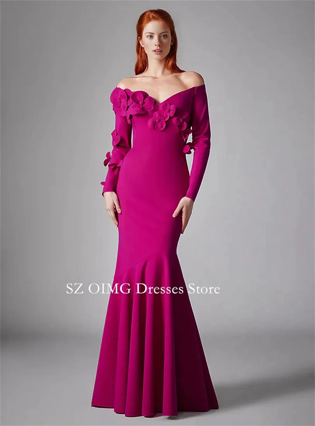 

OIMG New Design Off Shoulder Prom Dresses Saudi Arabic Women Long Sleeves Fuchsia Satin Flowers Evening Gowns Formal Party Dress