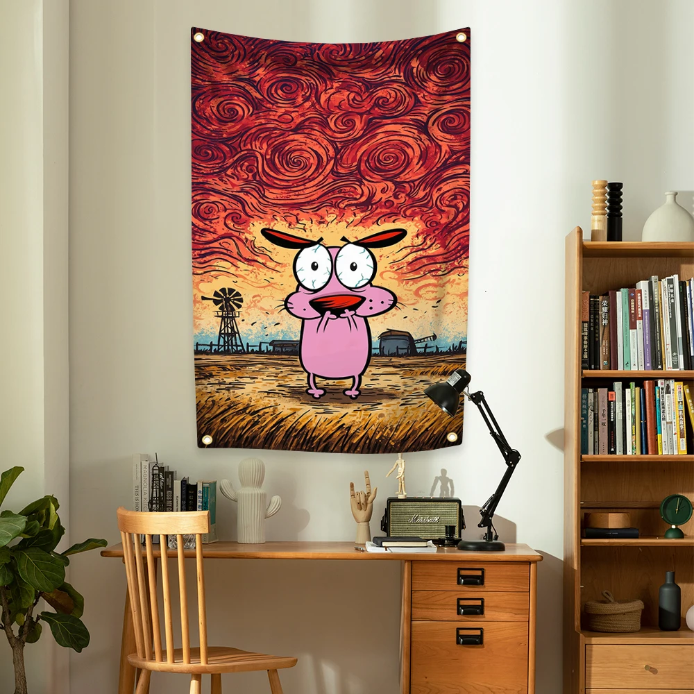 Vintage Courage Dog Flag Polyester Retro Cartoon Network Trippy Tapestry For Garden Yard Outdoor Decor Weird Core Aesthetic