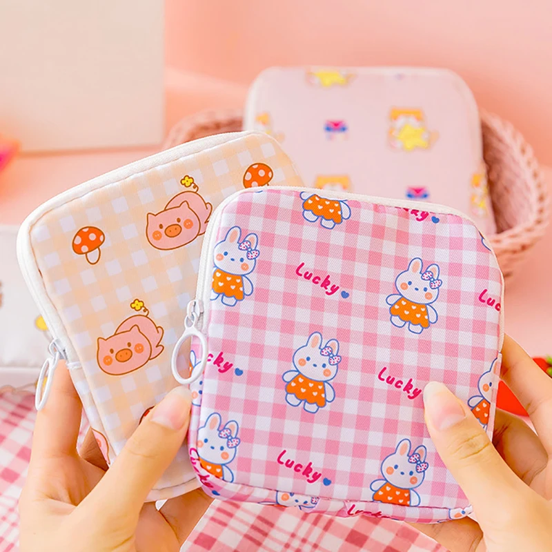 Women Girls Kawaii Cosmetic Makeup Tampon Napkin Pouch Storage Bag Coin Purse Sanitary Pads Bag Mini Data Cables Organizer