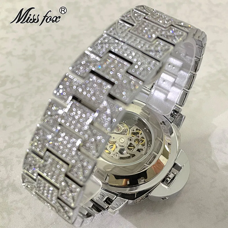 Hip Hop Brand MISSFOX Hollow Out Automatic Mechanical Men Watch Iced Out Diamond Fashion Wristwatch Luxury Waterproof Clock Gift