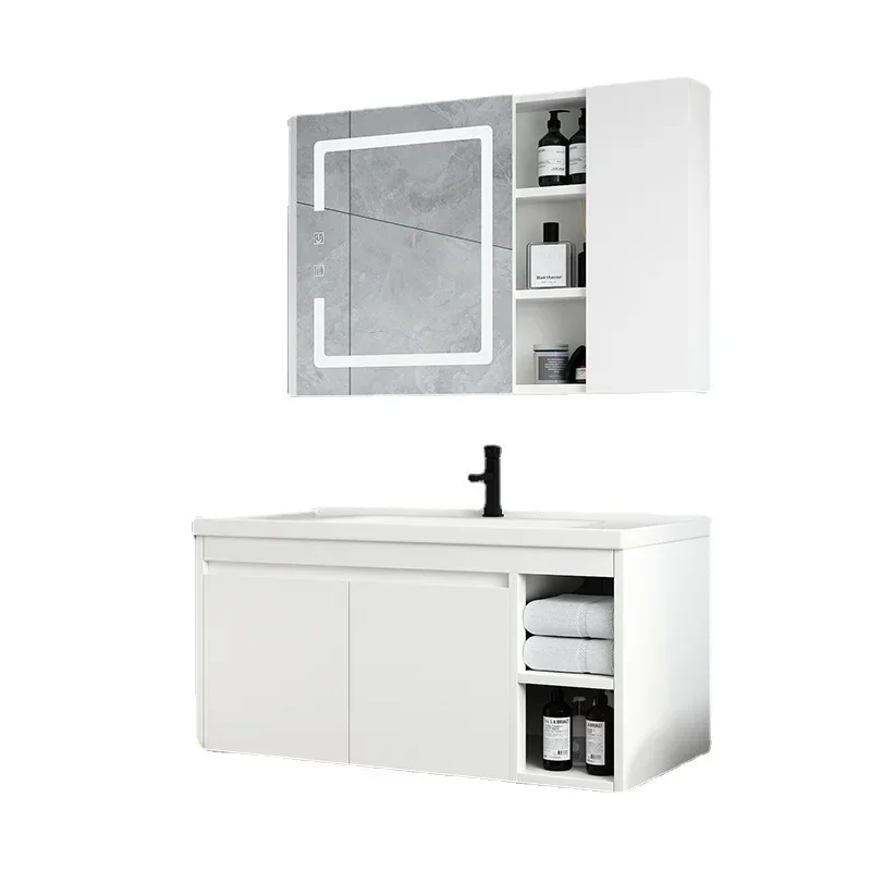 

Light luxury solid wood bathroom cabinet combination, log color small apartment, ceramic integrated washing