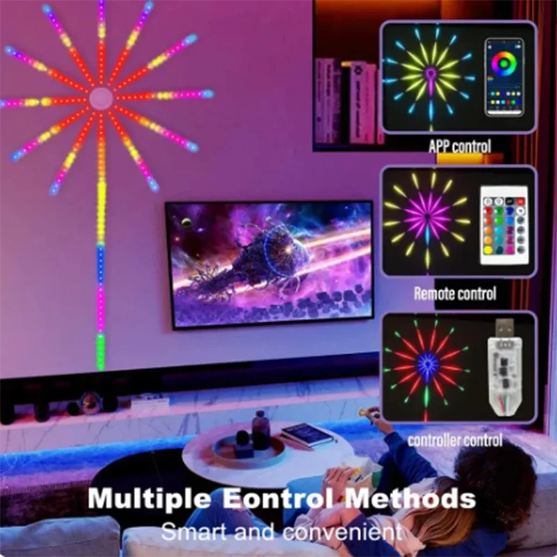 Guirnalda de luces LED inteligentes para fuegos artificiales, Control Bluetooth, sincronización de música para dormitorio, boda, fiesta, decoración navideña, iluminación