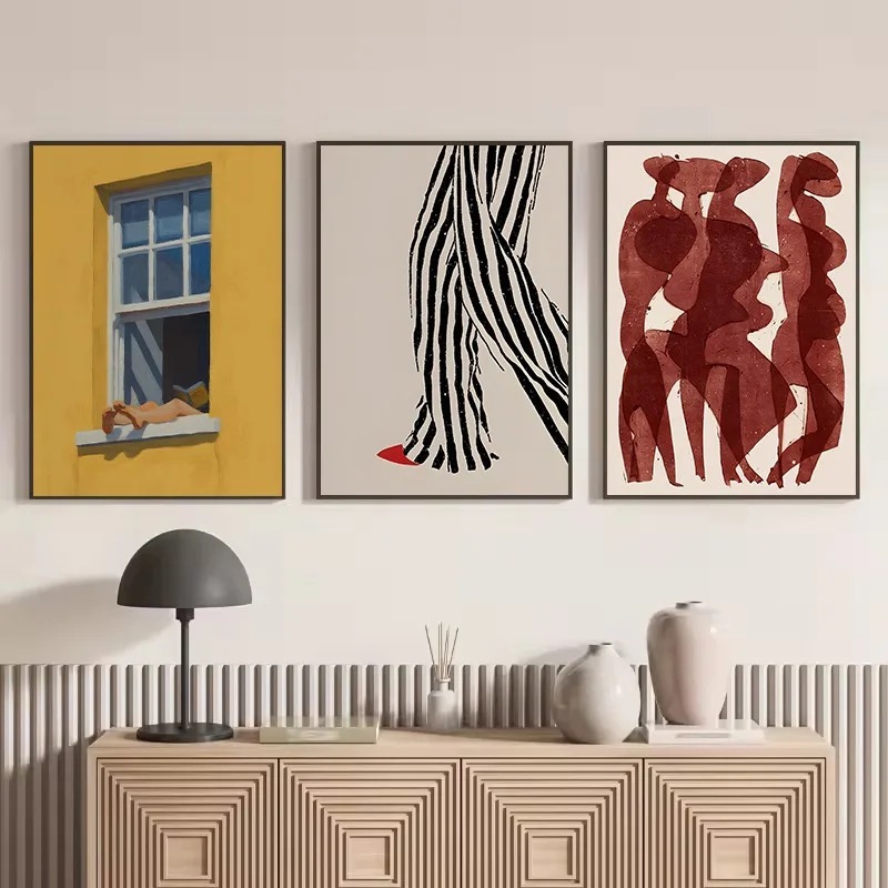 Affiche abstraite contemporaine minimaliste avec des figures rouges, une femme lisant, peinture sur toile imprimée, images murales, décoration intérieure