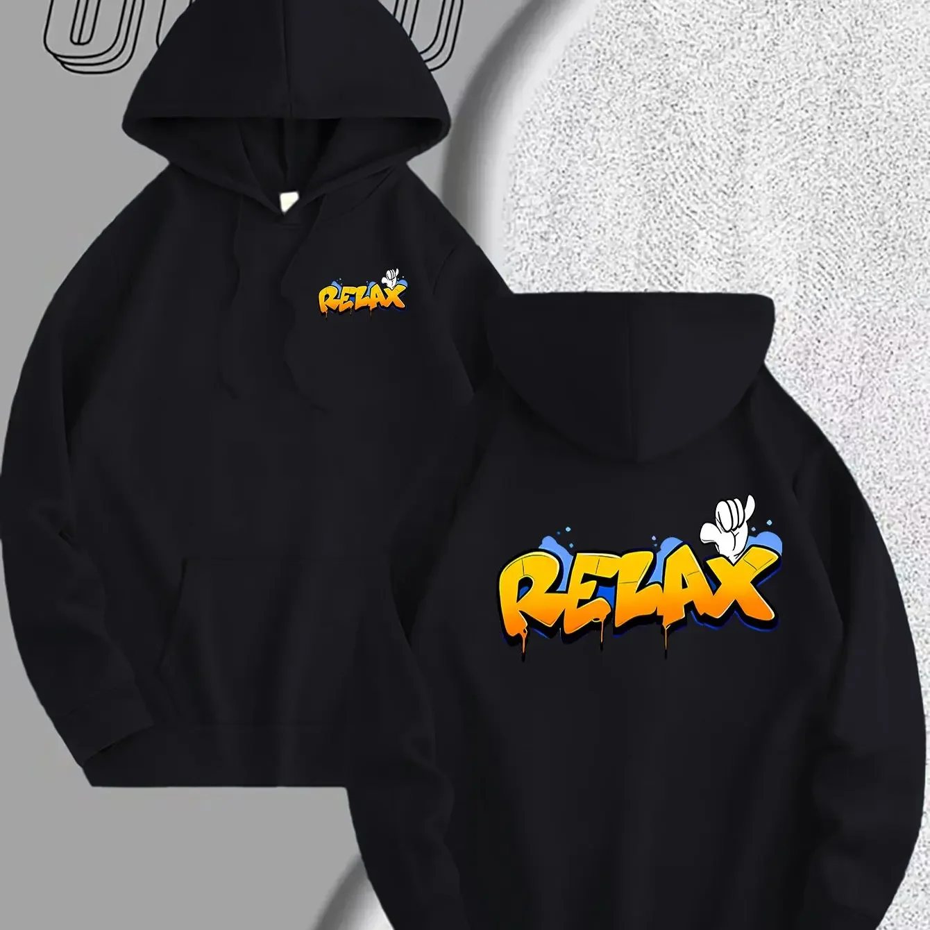 Hip Hop Casual Hoodie For Men Relax Bold Graffiti Letter Cartoon Hand Art Print Front Back Unisex Loose Long Sleeve Pullover