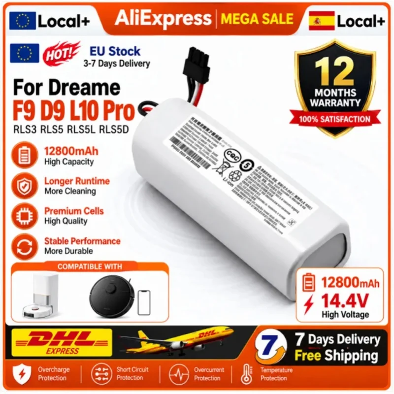 Magazyn w UE, wysoka pojemność 12800 mAh, bateria litowo-jonowa 14,4 V, zamiennik kompatybilny z robotami sprzątającymi Dreame D9 Pro, D9 MAX, D10s, L10s Ultra. — 2