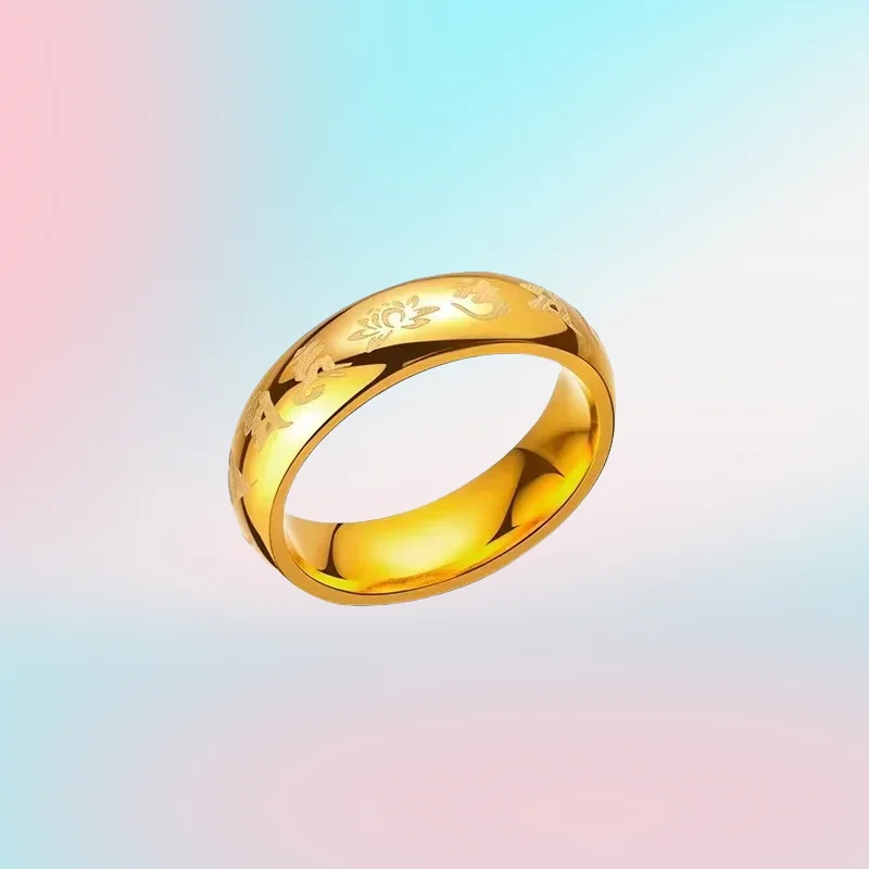 

new 9999 real gold 24K yellow gold Six-character mantra ring Daming mantra for men and women couples ring