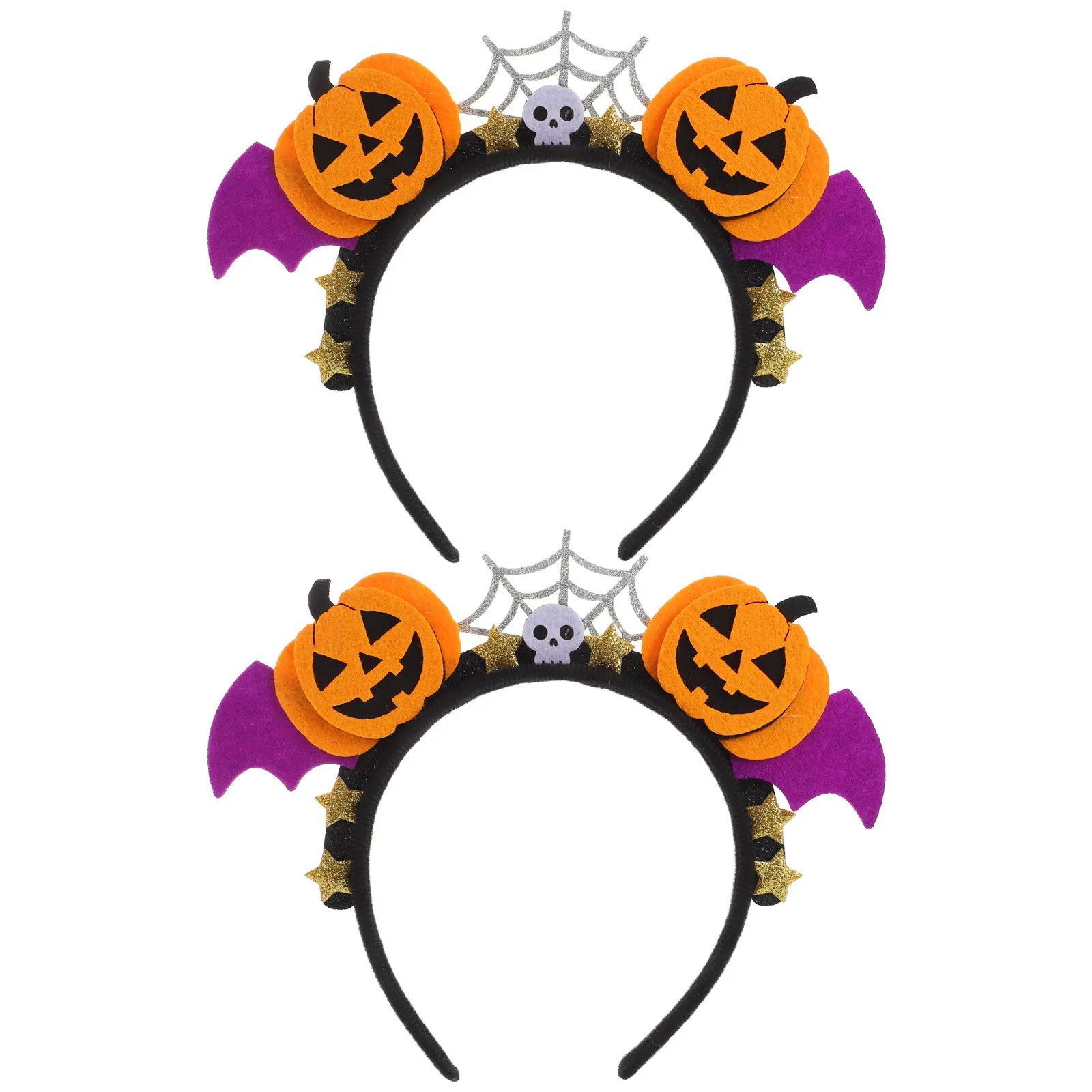 2Pcs Halloween Pumpkin Bat Headband Glitter Sequin Soft Elastic Band Spooky Party Costume Headwear Halloween Headwear for Women