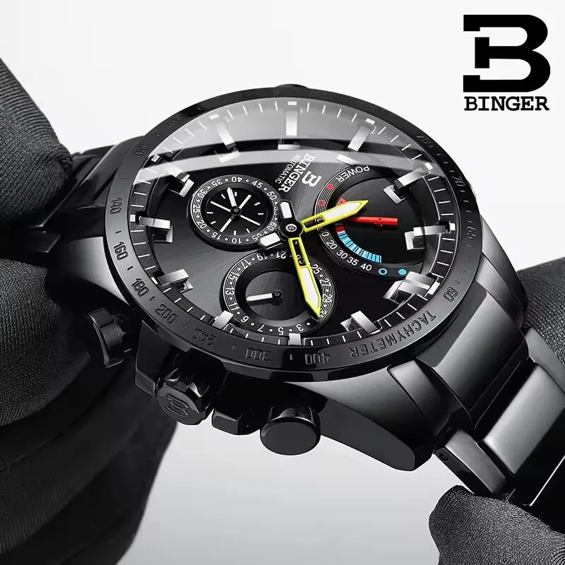 Genuine Luxury Switzerland BINGER Brand Men Watch Automatic Mechanical Luminous Waterproof Energy Full Steel Month Male Calendar