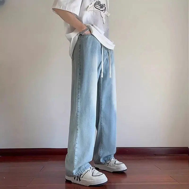 Men's Summer Light Blue Wide Leg Jeans Loose Fit Straight Denim Pants Elastic Waist Casual Streetwear Trousers