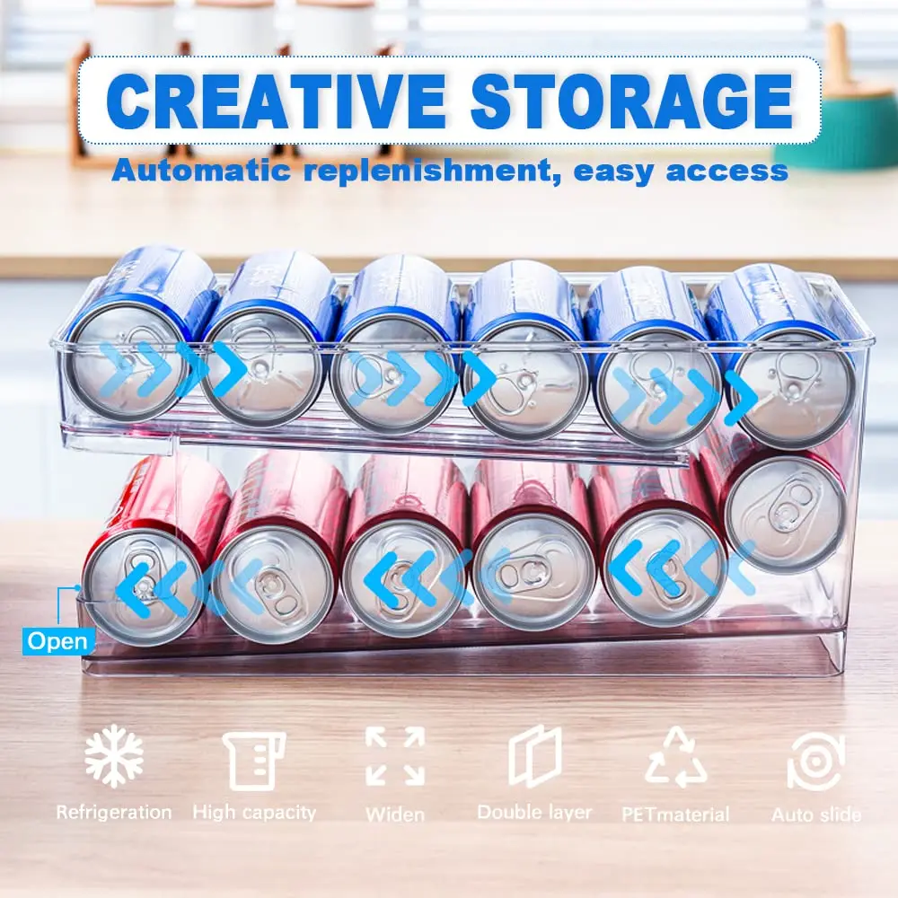 Refrigerator Organizer Bins 2-layer Automatic Rolling Beverage Soda Can Storage Box for Fridge Beverage Organizer for Beer Soda