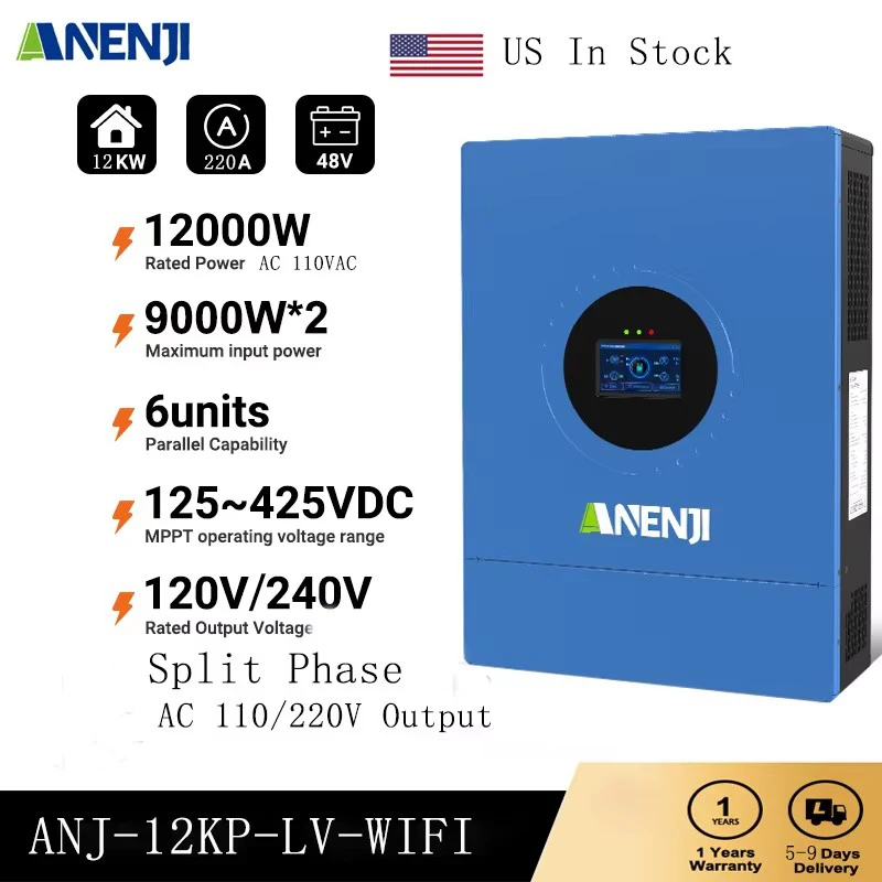 

Гибридный солнечный инвертор с разделенной фазой, 12 кВт, 48 В, 120 В переменного тока/240 В переменного тока, параллельный инвертор с чистой синусоидальной волной, 2 MPPT, 200 А, солнечное зарядное устройство PV 425 В постоянного тока