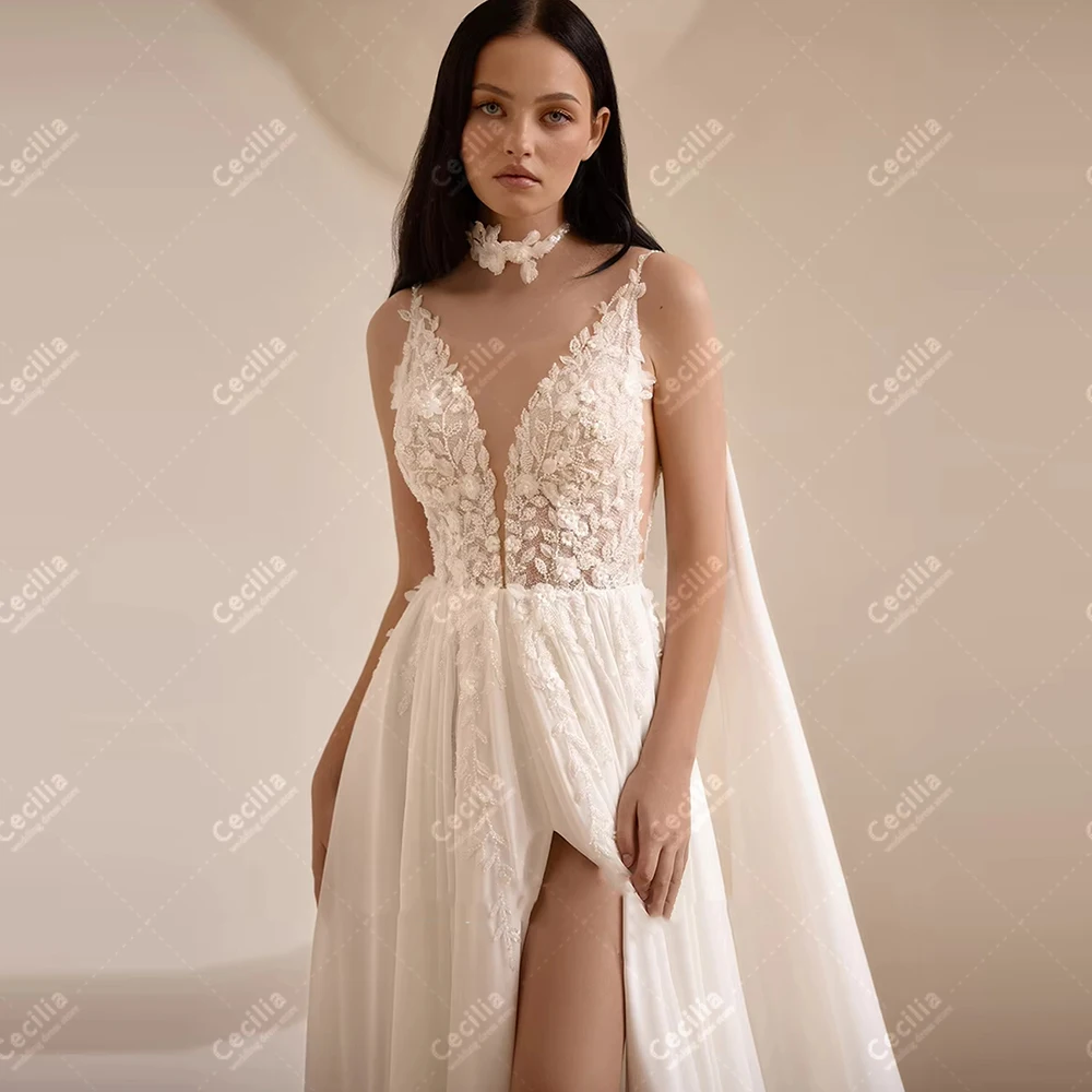 فساتين زفاف أنيقة على شكل حرف A زي العرائس دانتيل زينة رداء رشيق بدون أكمام فتحة عالية مخصصة فيستدوس دي نوفيا 2026 #3