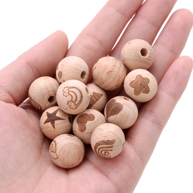 50Pcs 16mm Two-sided Printed Beech Wooden Beads Rainbow Animal Pattern Round Teether Beads for Pacifier Chain Teething