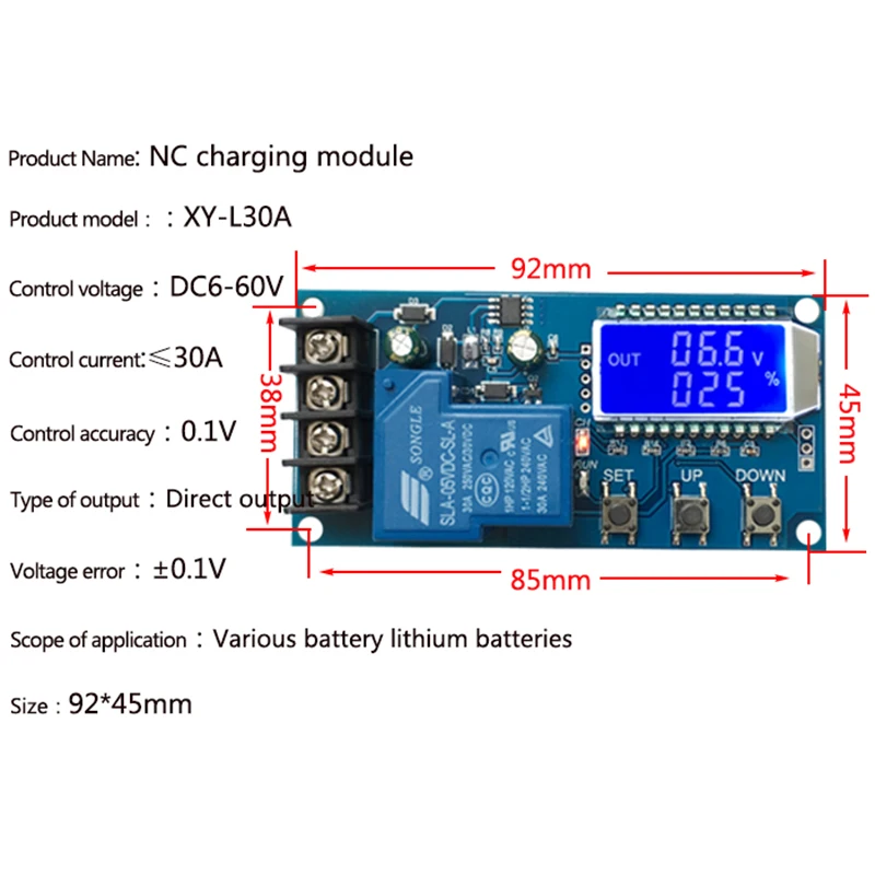L30A Lead-Acid Lithium Battery Charging Control Module LCD Digital Full Charge Power Off Overcharge Protection Switch 6-60V 30A