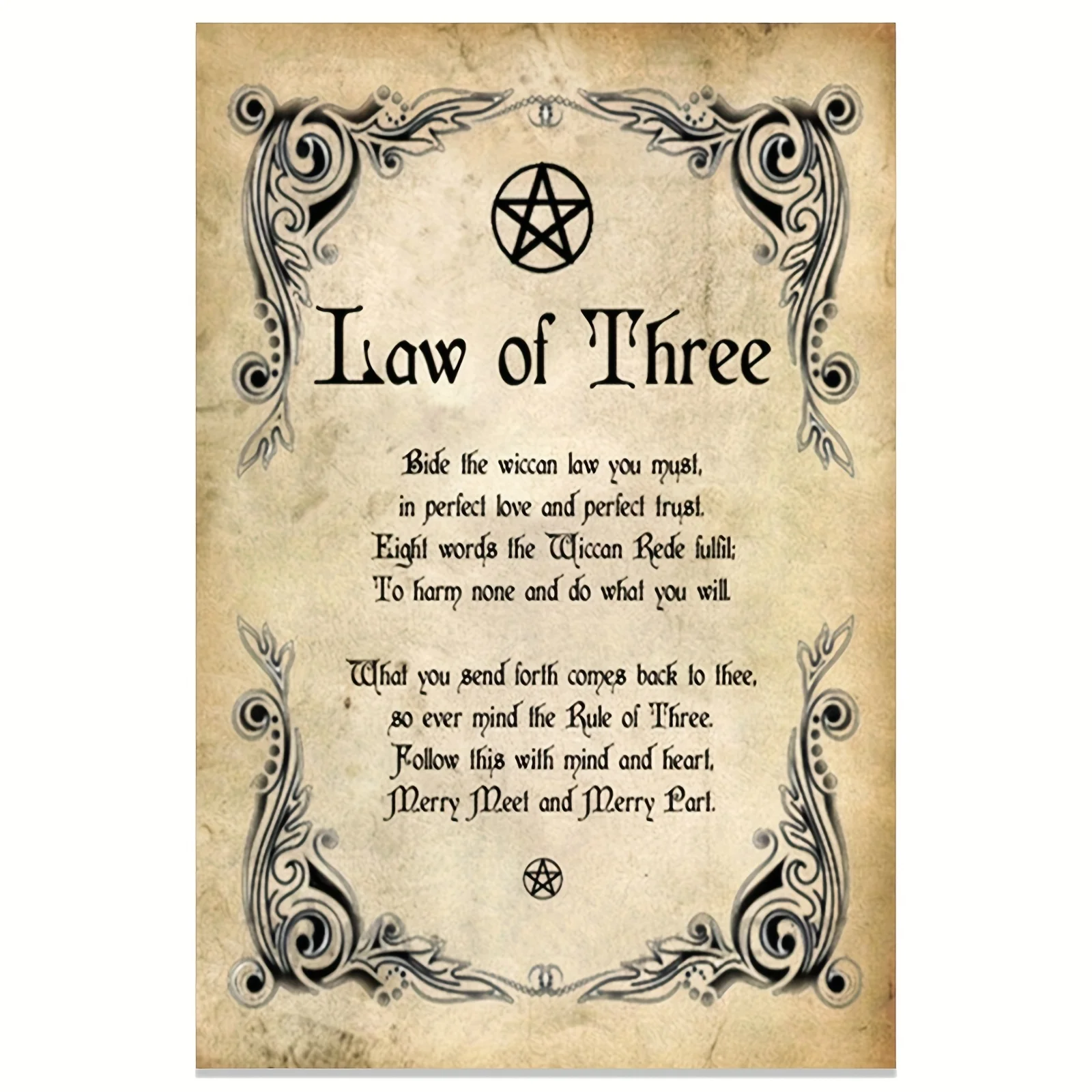 2D Vintage Metal Sign Wiccan Rule of Three Law Poster Black White Star Motivational Quote Wall Art for Halloween Christmas Home