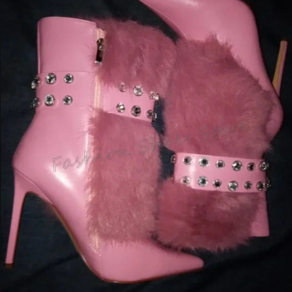 

Pink Side Zipper Fur Decor Boots Pointed Toe Women Shoes Stilettos High Heels Party Banquet Dating 2025 Zapatos Para Mujere