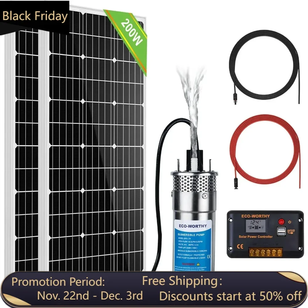 200W 24V Solar Water Pump System, Large Flow 3.2GPM, 2pcs 100 Watts Solar Panel + Submersible Well Pump + 20A Controller + 16ft