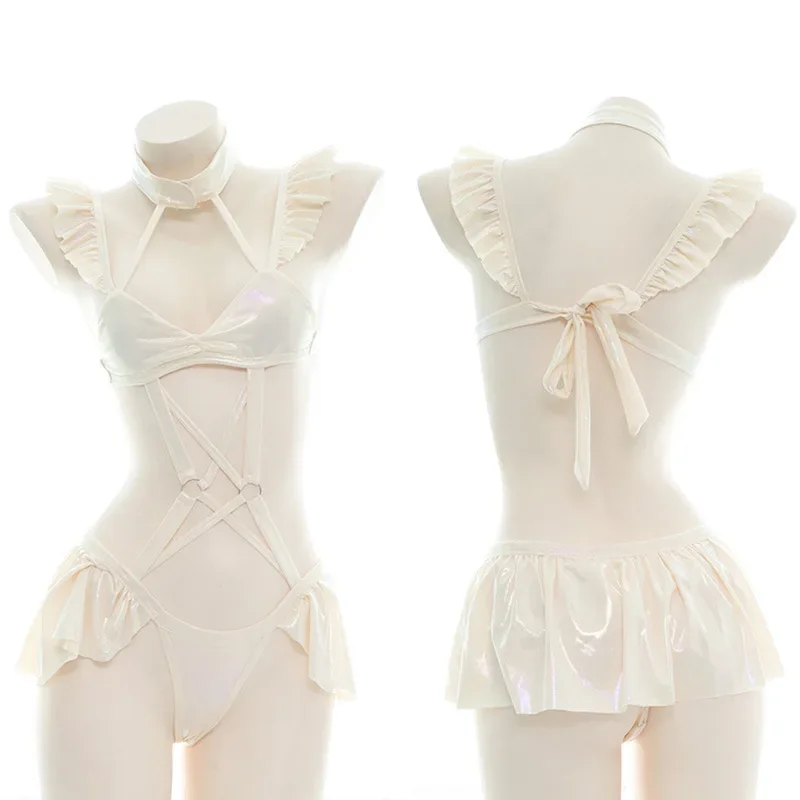 

Swimsuit Costume Women Cross Strap Pajamas Lingerie Uniform Set Cosplay Lolita Girl Ruffle Laser Bodysuit Halter One-Piece 2025