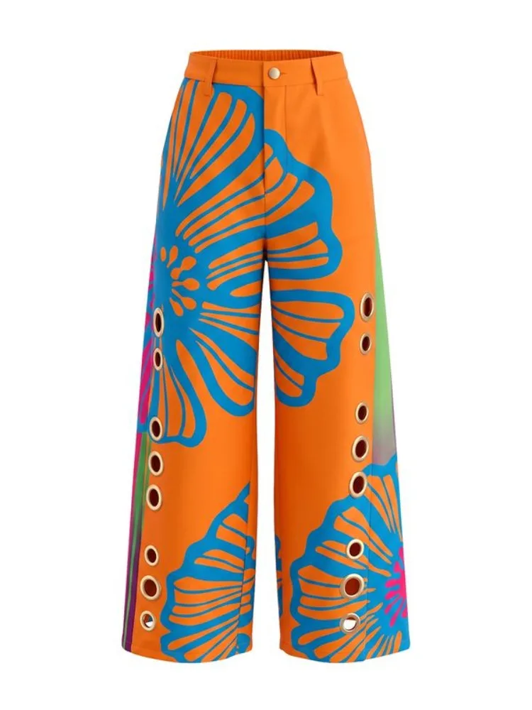 Yeezzi Women High Waist Wide Leg Pants Blue Floral Printed Metal Eyelet Cutout  Loose Full Length Casual Streetwear Trousers view 4