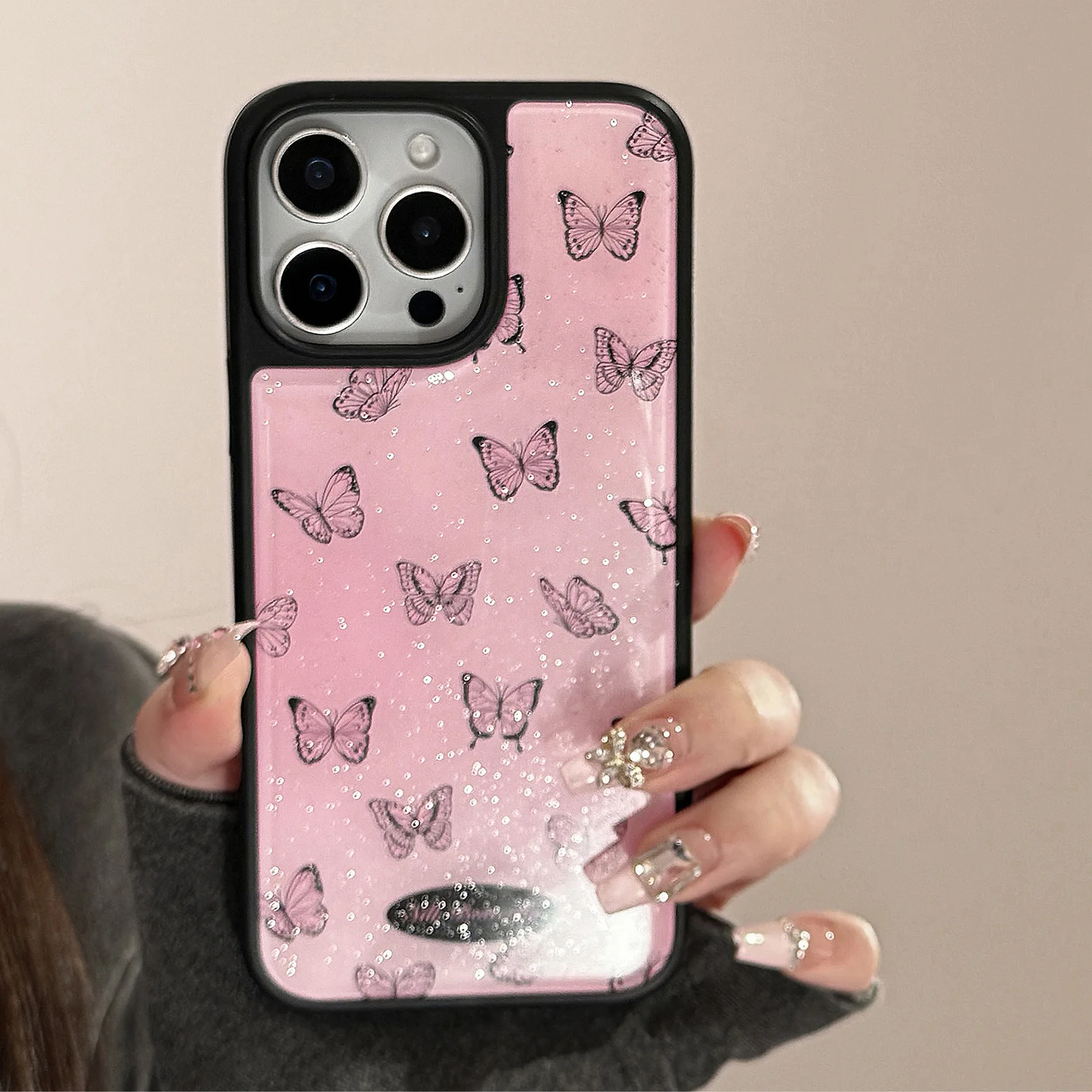 Korean Glitter Black Butterfly Pattern Drop Glue Phone Case for iPhone 17 Air 15 13 11 12 14 16 Pro Max Shockproof Hard Cover view 4