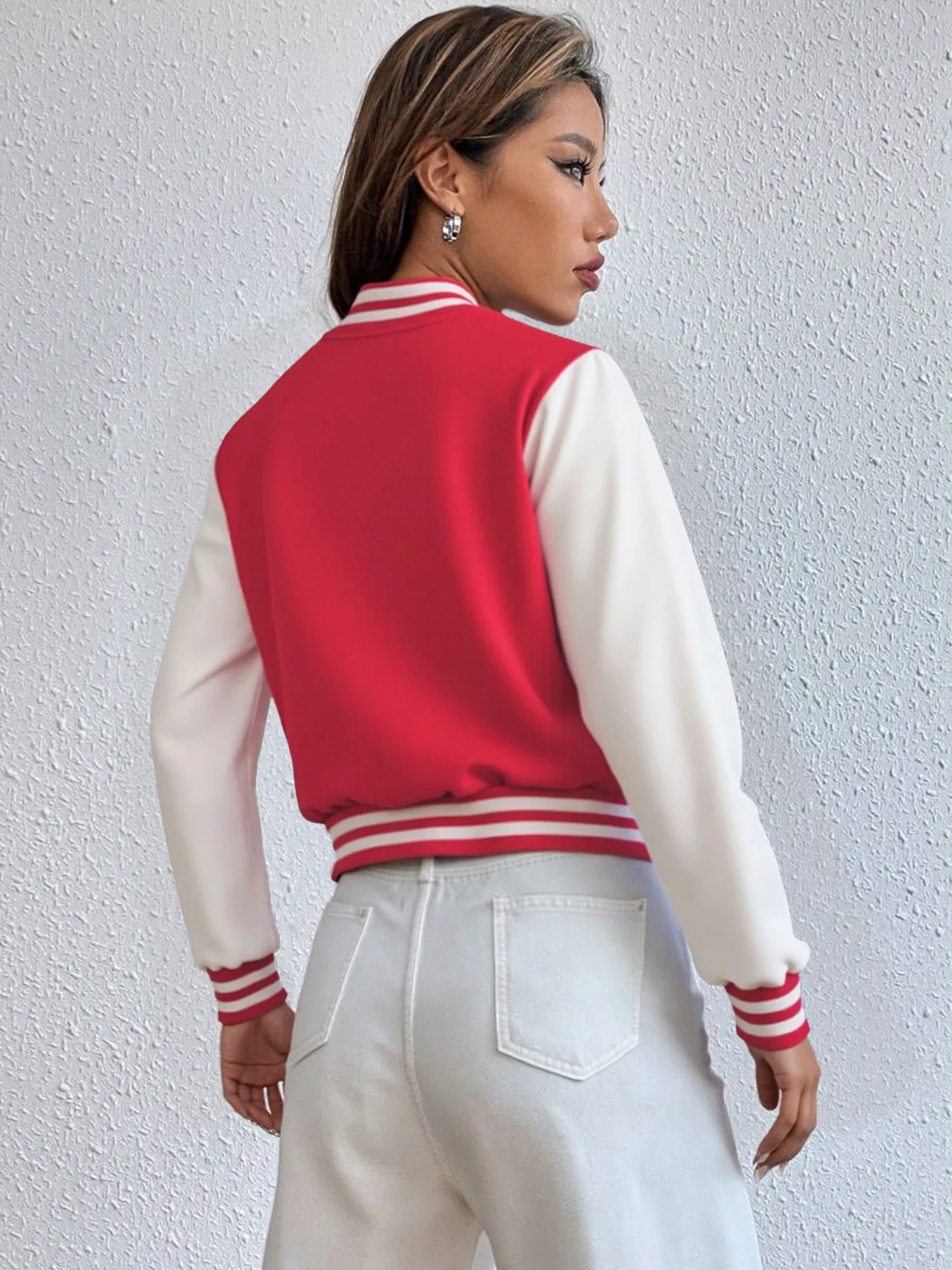 College Women Short Baseball Jacket Contrast Sleeve Stand Collar Striped Rib Edge Button Casual Crop Outerwear For Girls